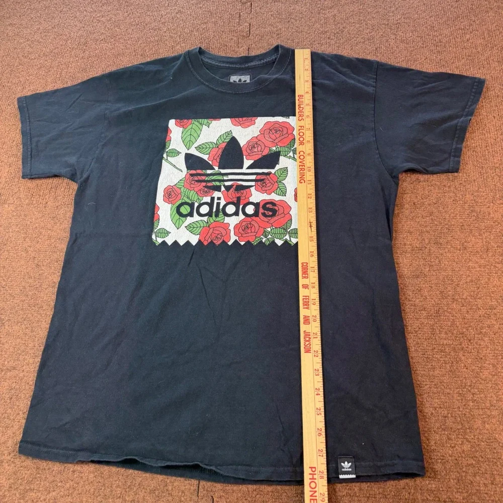 A+ Adidas Originals Mens Large Black Floral Rose Trefoil Graphic T-Shirt Cotton